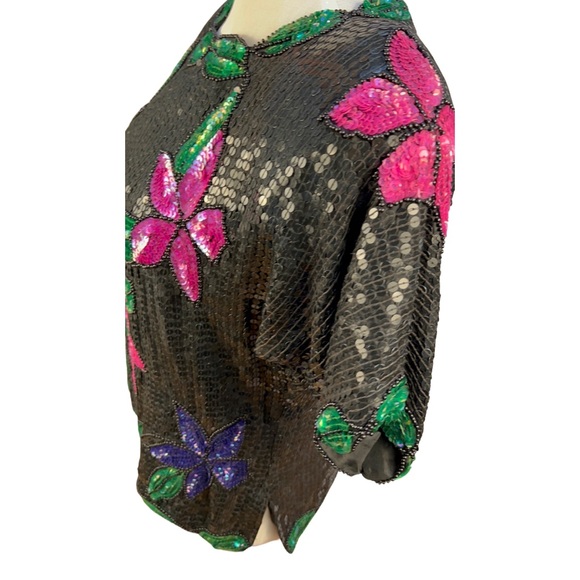 Vintage Sequin and Beaded Top, Black sequin with Hot Pink Flowers, Kelly Green - Picture 5 of 10